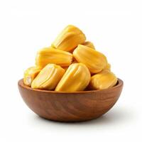 Juicy fresh ripe jackfruit in a wooden bowl, perfect for healthy tropical snacks photo