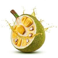 Bright slice of ripe jackfruit bursting open with seed, showcasing its natural texture photo