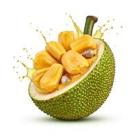 Freshly sliced ripe jackfruit bursting open with seed, revealing the juicy flesh inside photo
