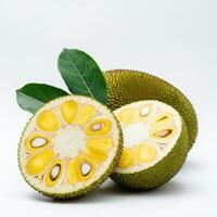 Sliced ripe jackfruit bursting open with seed, showing the juicy and sweet flesh photo