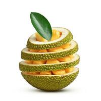 Sliced ripe jackfruit bursting open with seed, showcasing the juicy, sweet interior photo