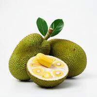 Vibrant slice of ripe jackfruit bursting open with seed showing the juicy inner flesh photo