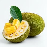 Slice of ripe jackfruit bursting open with seed, revealing juicy flesh and vibrant texture photo