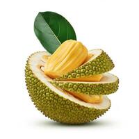 Slice of ripe jackfruit with a leaf, showing its juicy and natural texture photo