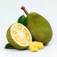 Vibrant slice of ripe jackfruit with a leaf, bursting with juicy texture photo