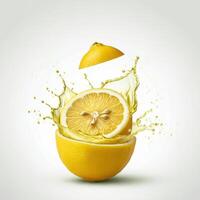 Juicy lemon slice bursting open on white background for food styling photo