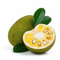 Bright slice of ripe jackfruit bursting open with seed, showcasing its juicy texture photo