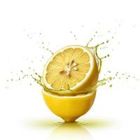 Lively lemon slice bursting open with zestful freshness on white background photo