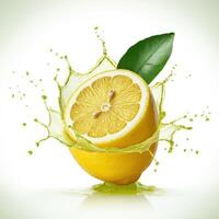 Vibrant lemon half slice bursting open with juiciness on white background photo
