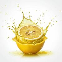 Healthy lemon slice bursting open displaying its vibrant juiciness on white background photo