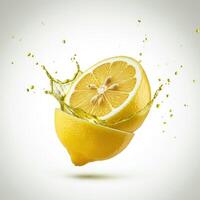 Healthy lemon slice bursting open with zest on white background photo