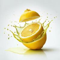 Bright lemon half slice bursting open with freshness isolated on white background photo