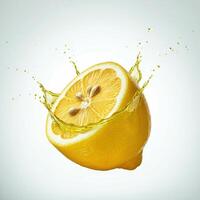 Natural lemon slice bursting open revealing its juiciness on white background photo