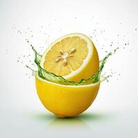 Organic lemon slice bursting open showcasing its juiciness on white background photo