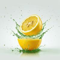 Juicy lemon slice bursting open highlighting its freshness on white background photo