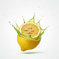Energetic lemon slice bursting open with zest on white background photo