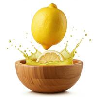 Wholesome lemons overflowing in a wooden bowl for rustic home styling photo