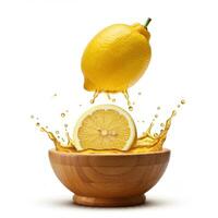 Zesty half slice lemon bursting open overflowing in a decorative wooden bowl photo