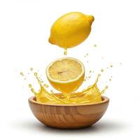 Tangy half slice lemon bursting open overflowing in a natural wooden bowl photo