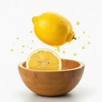 Half slice lemon bursting open overflowing in a wooden bowl citrus delight photo