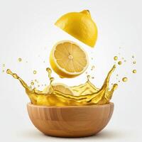 Juicy half slice lemon bursting open overflowing in a rustic wooden bowl photo