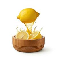Crisp half slice lemon bursting open overflowing in a woven bowl photo