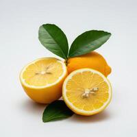 Fresh half slice lemon with leaf isolated on white background citrus fruit photography photo