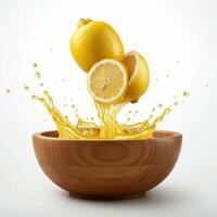 Antioxidant rich half slice lemon bursting open overflowing in a wooden bowl photo