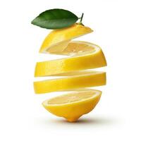 Fresh slice lemon with leaf isolated on white background citrus fruit photography photo