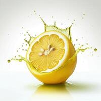 Sliced half juicy lemon bursting open in water isolated on white background citrus freshness photo