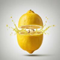 Freshly cut lemon slice bursting open in water for citrus photography photo