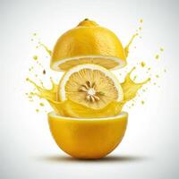 Vibrant lemon slice bursting open in water for colorful themes photo