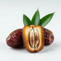 Half slice fresh juicy dates fruit elegantly captured on white background for high-quality prints photo
