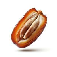 Half slice fresh juicy dates fruit elegantly styled on white background for professional imagery photo