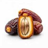 Charming half slice fresh juicy dates fruit on white background for rustic countryside narratives photo