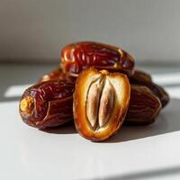 Delectable half slice fresh juicy dates fruit on white background for sophisticated culinary projects photo