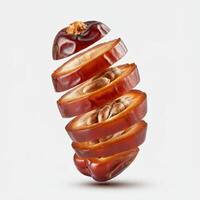 Tempting fresh slice of dates fruit styled on white background for indulgent dessert ideas photo