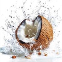 Freshly Cut Coconut Bursting with Water on White Background photo