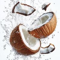 Juicy Coconut Slice with Bursting Water on White Surface photo
