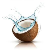 A freshly cut half of coconut placed on a white surface. photo