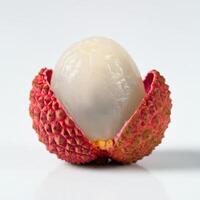 Close up fresh lychee slice on white background, showcasing juiciness and vibrancy photo