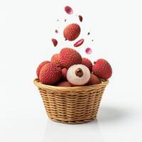 Fresh lychee slices overflowing from basket on white background, vibrant and healthy photo
