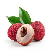 Fresh lychee slices with green leaves on white background, emphasizing natural color and texture photo