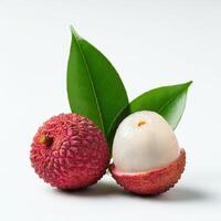 Fresh lychee slices with leaves on a white background, showcasing the vibrant colors and natural freshness photo