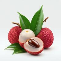 Fresh juicy lychee slices with green leaves on a clean white background, emphasizing vibrancy photo