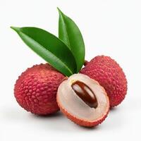 Fresh and juicy lychee slices with green leaves on a bright white background, perfect for healthy food lovers photo