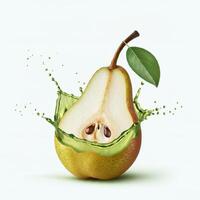 Wholesome pear fruit bursting with splash in golden hour photo