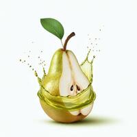 Fresh pear fruit bursting open with splash isolated on white background photo