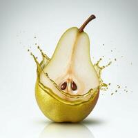 Nutritious pear fruit bursting with splash in soft focus photo