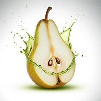 Bursting pear fruit with dramatic water splash against dark background photo